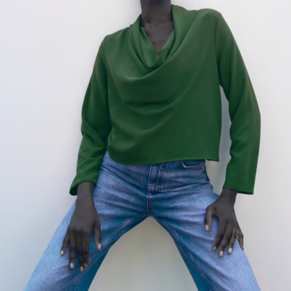 ZARA KELLY GREEN COWL FLOWY NECKLINE LONG SLEEVE BLOUSE - Picture 10 of 13